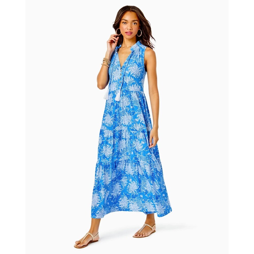 Lilly Pulitzer Malone Ruffle Maxi Dress Tiered Print Sleeveless Cotton M 288152